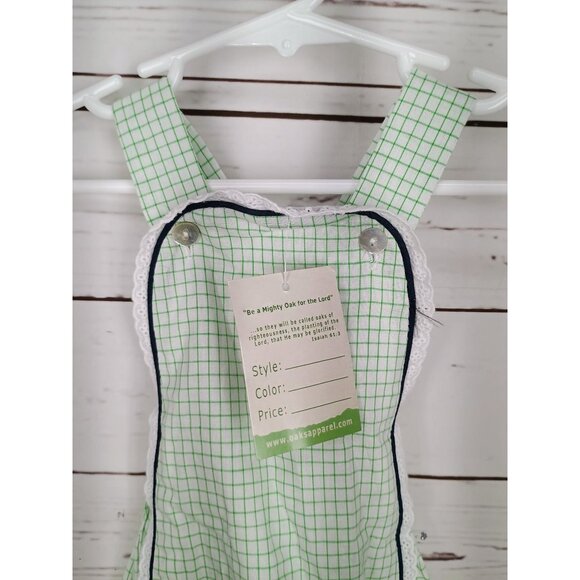 Green Checkered Baby Romper With Lace Trim By The Oaks Apparel Size 9 Months - Picture 3 of 7